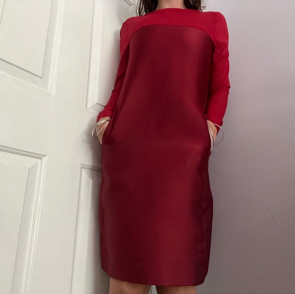💥New💥IRIS & INK Dark Red Satin/Sheer Long- Sleeve Dress - Picture 1 of 8